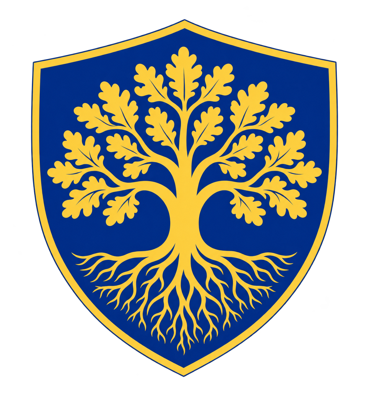 Gold oak tree with spreading roots inside a blue shield, representing support and protection